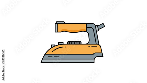 Modern clothes iron with an orange handle and grey body is shown in profile, representing household chores and laundry care.