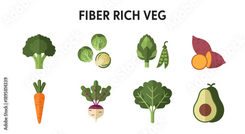 Flat vector icons of eight fiberrich vegetables against a white background
