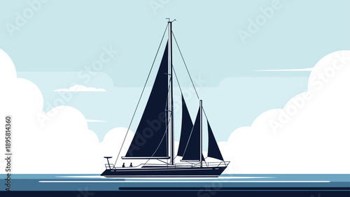 Large sailboat with dark sails glides across a calm blue sea under a sky with soft white clouds, evoking travel and adventure.