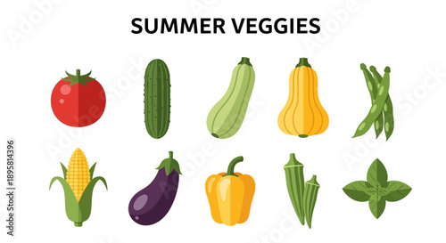 Graphic illustration of ten summer vegetables and basil on a white background