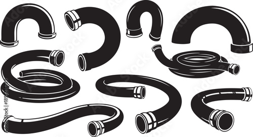 Black and white illustration of various flexible hose pipes