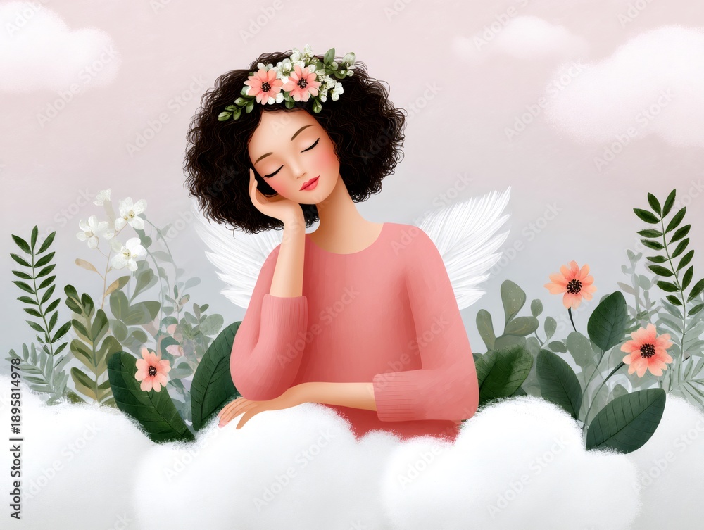 Fototapeta premium Angel girl sleeping on clouds enjoying peaceful rest