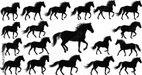 Black and white horse silhouette collection with walking, trotting and running poses, elegant equine wildlife vector illustration isolated on white background