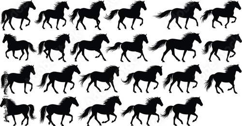 Black and white horse silhouette pattern collection with running and trotting poses, dynamic equine vector illustration isolated on white background