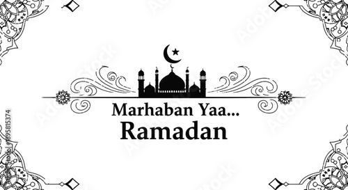Marhaban yaa ramadan greeting card with mosque illustration