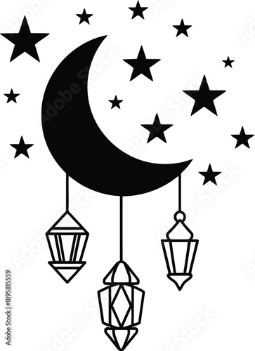 Crescent moon with stars and hanging lanterns
