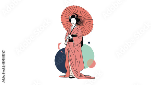 Elegant geisha in a pink kimono holding a traditional red umbrella is illustrated against colorful circular abstract backgrounds.
