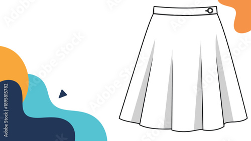 White pleated skirt is showcased on an artistic background with colorful abstract shapes in blue and orange tones.