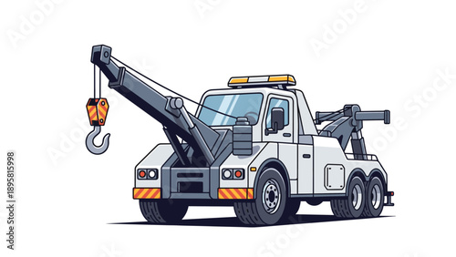 Powerful white tow truck with a crane and hook is ready to assist stranded vehicles and provide roadside support.
