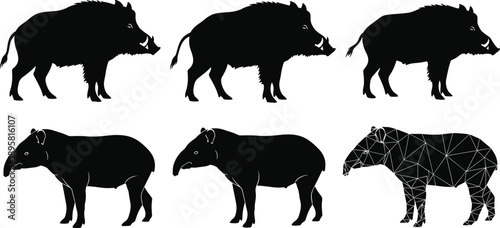 Wild boar and tapir silhouette pose collection, black and white vector wildlife illustration set for nature, zoo, and design projects