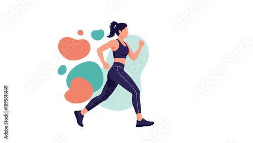 Fit woman is depicted running against an abstract background of colorful shapes representing energy and movement.