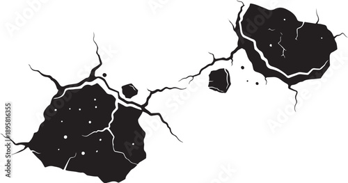 Cracked Black Surface with White Background and Broken Texture