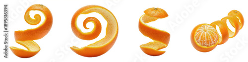Fotografía Set of orange fruit peels in spiral shapes, creative citrus zest curls and twisted orange skin isolated on white background