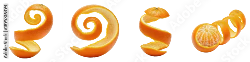 Obraz  z motywem Set of orange fruit peels in spiral shapes, creative citrus zest curls and twisted orange skin isolated on white background.