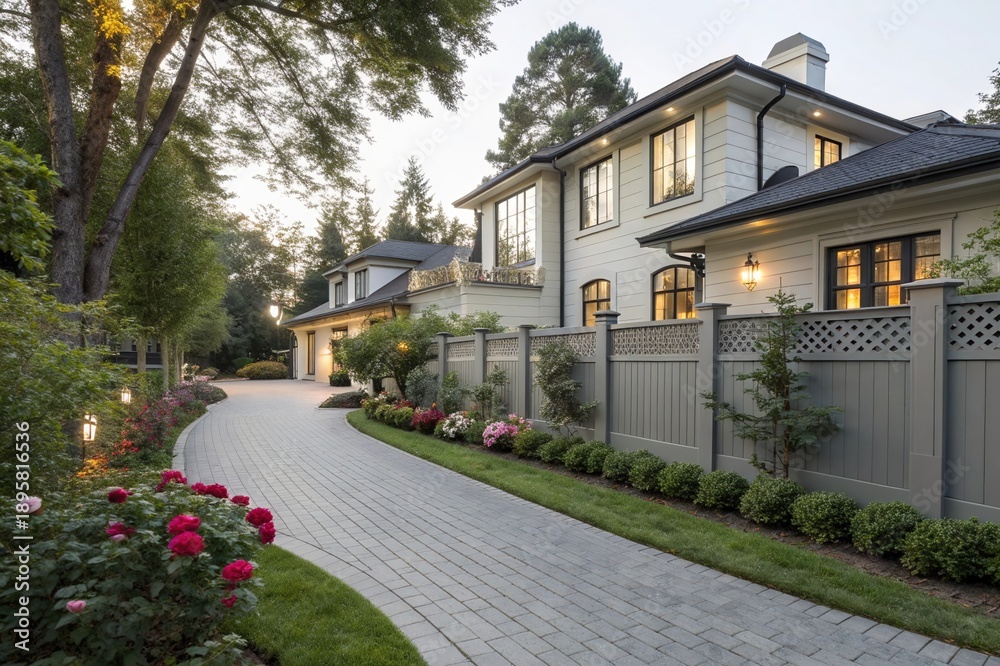 Obraz premium A large house with a white exterior and a green fence