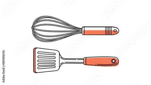 Pair of kitchen tools including a whisk and a spatula with orange handles are essentials for baking and cooking food.