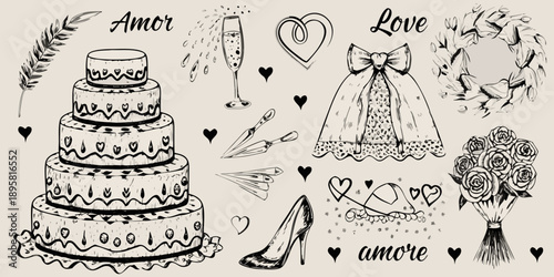 A collection of hand drawn wedding elements including cake dress and love symbols