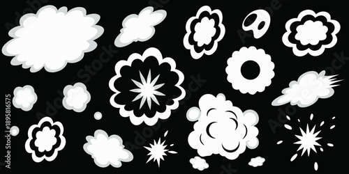 Collection of white explosion and smoke cloud graphic elements