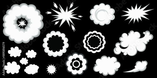 Collection of white explosion effects and cloud like shapes on black