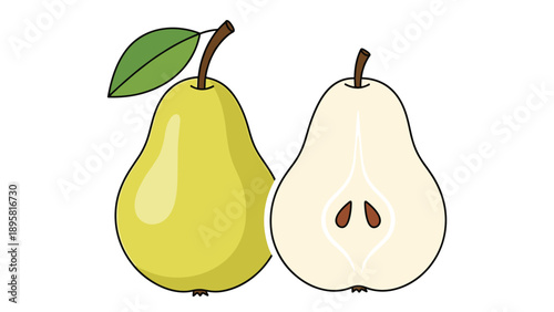 Whole yellow pear and a half pear showing seeds are presented as a healthy fruit choice for snacks and desserts.