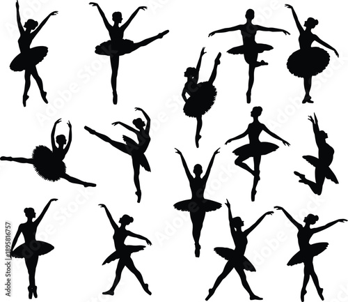 Elegant ballerina silhouettes collection featuring classical ballet dance poses, graceful female dancers in tutu skirts, artistic black shapes isolated on white background