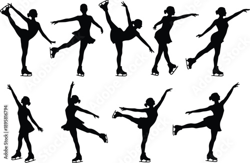 Figure skating silhouettes collection featuring graceful female ice skaters performing elegant spins, jumps and poses, black silhouettes isolated on white background