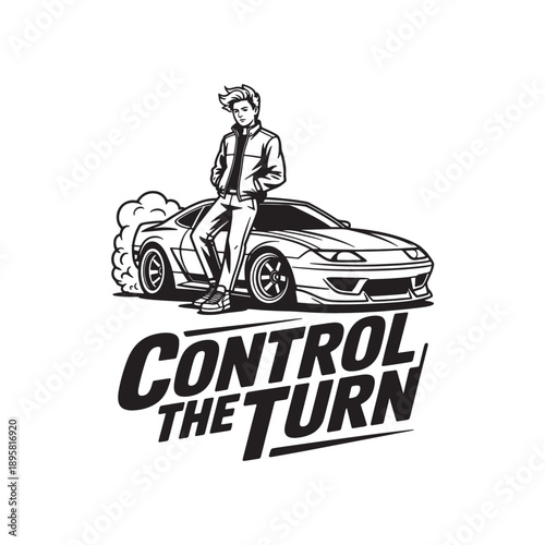 Urban Drift Car Logo Street Racer Character with CONTROL THE TURN Typography