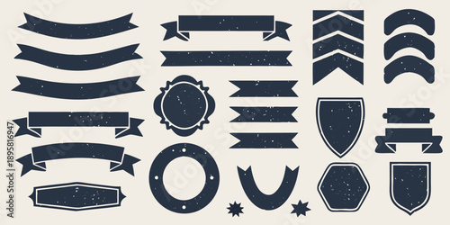 Collection of vintage navy blue ribbons banners and decorative elements