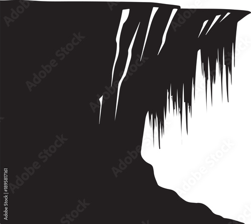 Black and white illustration of a dark rocky cliffside
