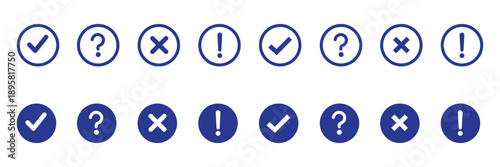 Set of round check mark, exclamation point, x mark icon. Check mark, exclamation point, cross mark icons set Flat and outline style. Vector illustration.