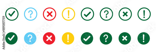 Set of round check mark, exclamation point, x mark icon. Check mark, exclamation point, cross mark icons set Flat and outline style. Vector illustration.