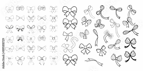 Collection of hand drawn bows and ribbons in black and white sketch style