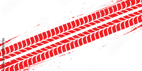 Red tire track mark with grunge effect on white background. 