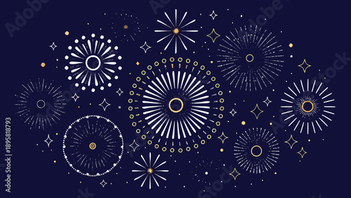 Beautiful fireworks display with golden and white bursts against a dark blue backdrop