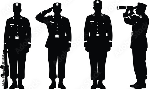 Military officer silhouette vector set, army soldier poses, uniform service characters, defense security illustration, black shadow icons, authority power concept