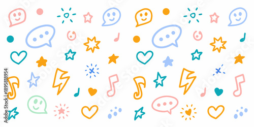 Colorful doodle pattern featuring smiley faces stars hearts and musical notes