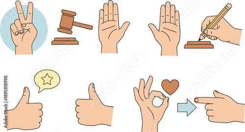 Hand Gesture Illustration Set with Thumbs Up Peace Sign OK and Voting Actions Isolated on White Background