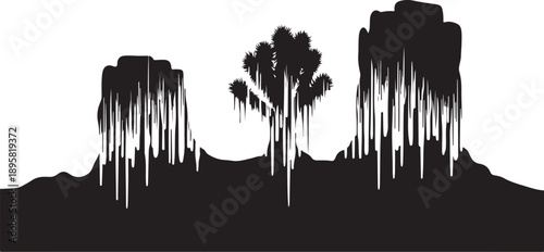 Melting Silhouette of Mountains with Trees in Black and White