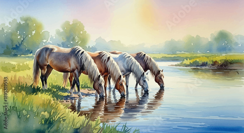 Horses drinking from a serene lake at sunset in a beautiful landscape