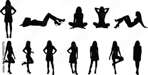 Women silhouette pose vector set, fashion female figures, sexy sitting standing poses, black shadow characters, glamour style, modern illustration collection