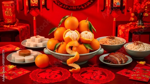 Traditional chinese new year food offering with oranges and pastries