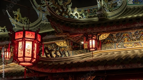 Ornate Chinese temple architecture at night with glowing red lanterns and decorative dragon roof tiles
