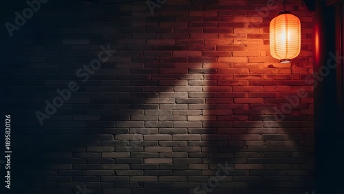 Traditional japanese lantern casting warm glow on textured brick wall creating dramatic atmosphere