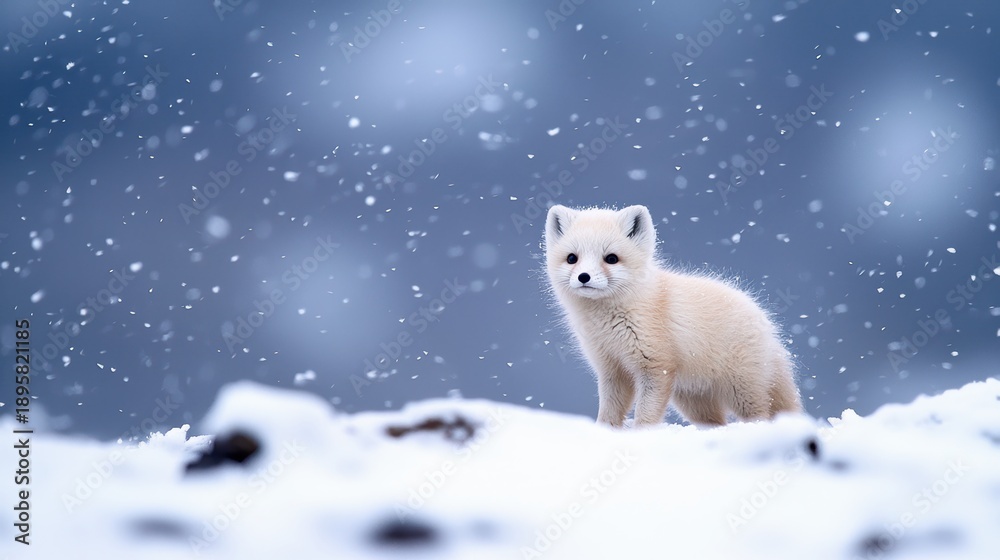 Obraz premium Fur Arctic fox with thick winter fur standing on snowy ground.