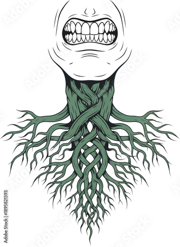 Clenched human jaw transforming into tangled tree roots.