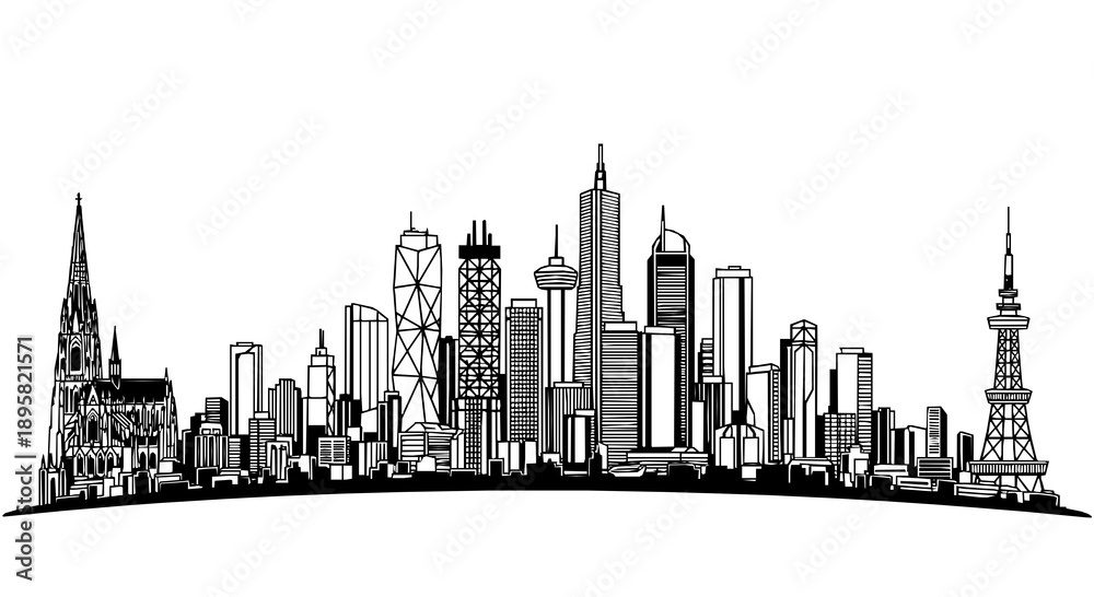 Fototapeta premium Modern city skyline silhouette with skyscrapers and cathedral architecture, design for real estate websites, urban development presentations and travel agency brochures. JPEG version.