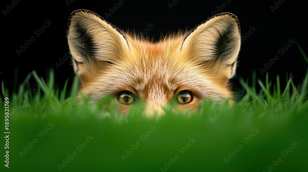 Fototapeta premium Wildlife Curious red fox peeking out from tall grass in a quiet woodland.