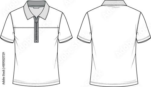 Men's Zip-Up Polo Shirt Technical Fashion Flat Sketch Vector Illustration with Front and Back Views for Apparel Design