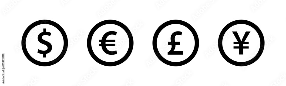 Obraz premium Currency coin icon set. Dollar, Euro, Pound, Yen, Yuan symbols
