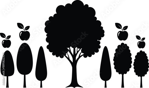 Black apple tree silhouettes set, fruit trees and orchard shapes isolated on white background for nature icon vector design